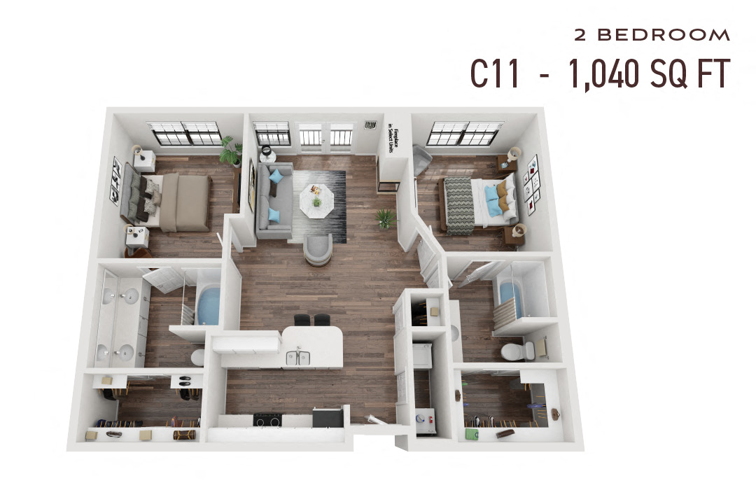 Floor plan for 2 beds, 2 baths, 1040 sqft